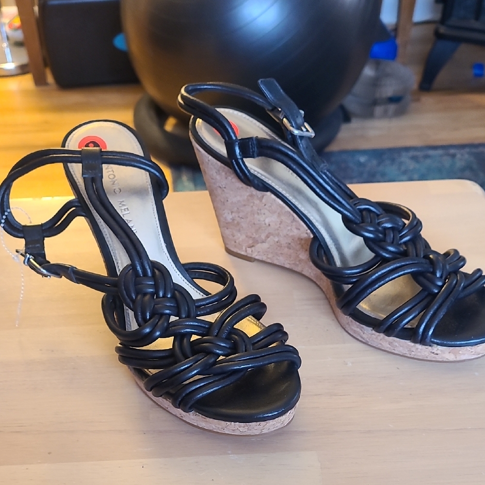 ANTONIO MELANI Black and Tan Wedge Sandals